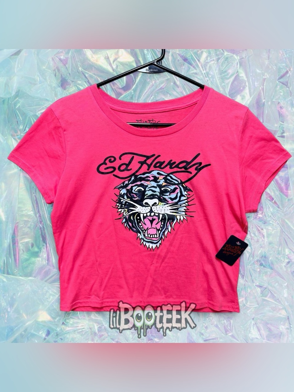 Ed Hardy XL Sorbet Hot Pink Neon Tiger Graphic Logo Crop Top NwT Y2K